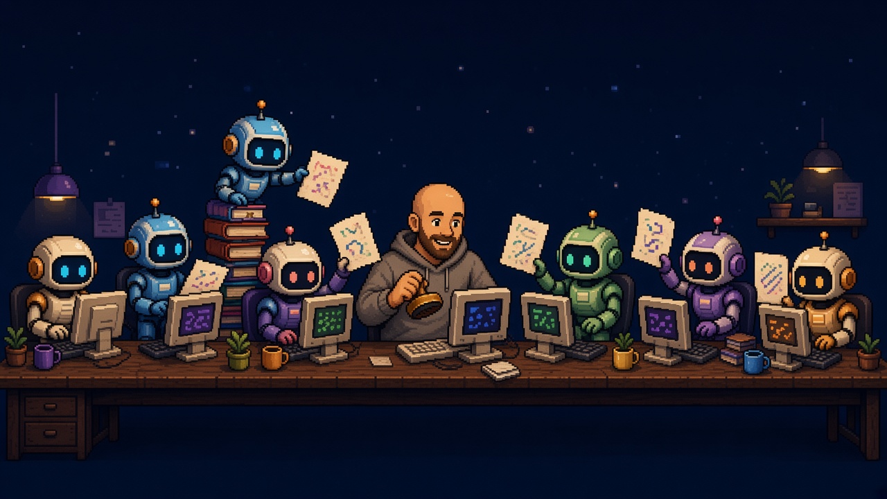 Pixel art of a night desk. Robots sit at computers around John, bald and bearded in a grey sweater, holding a stamp.